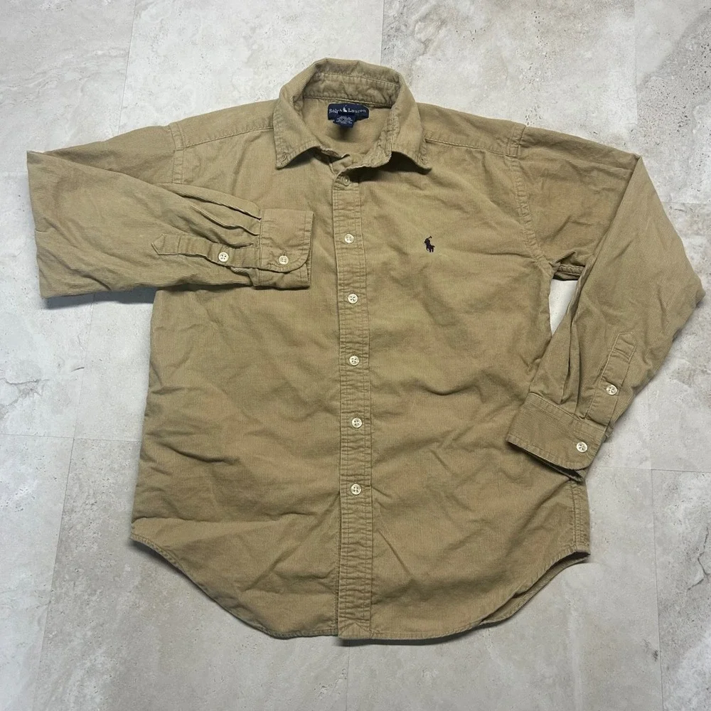 Ralph Lauren Corduroy Shirt Tan Boys Size M 12/14 Khaki Button Down Preppy